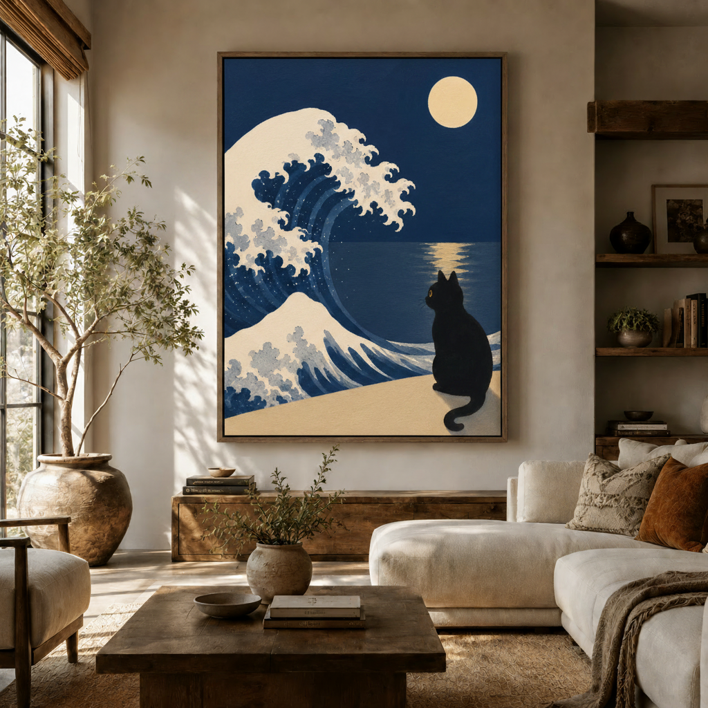 Great Wave cat canvas wall art in dark walnut float frame above sideboard in warm living room