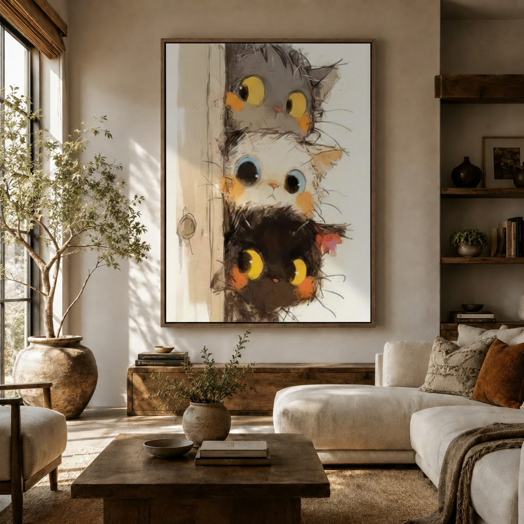 Three peeking cats door canvas art displayed in a cozy living room above a wooden sideboard