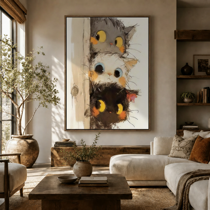 Three peeking cats door canvas art displayed in a cozy living room above a wooden sideboard