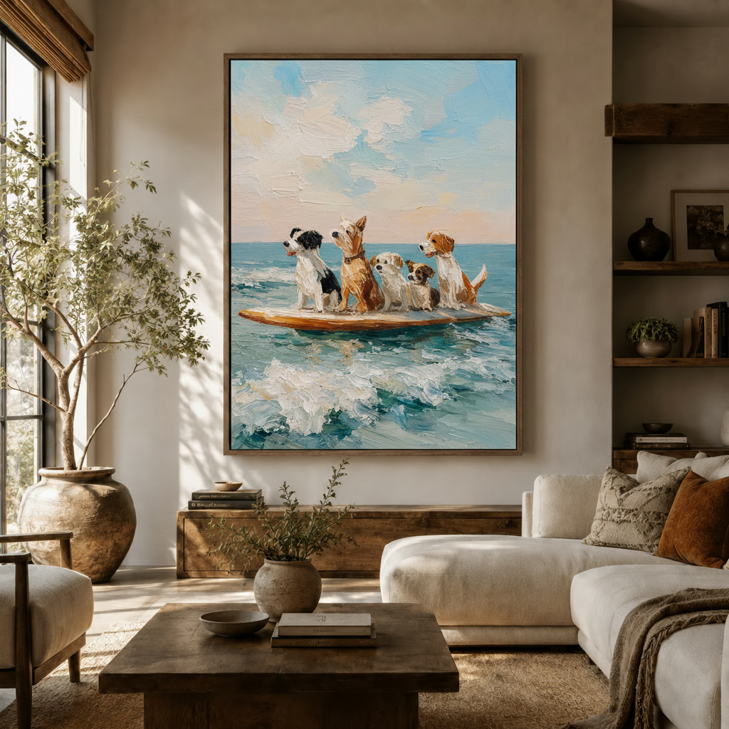 Surfing dogs oil painting canvas displayed in a warm neutral living room above a wood console