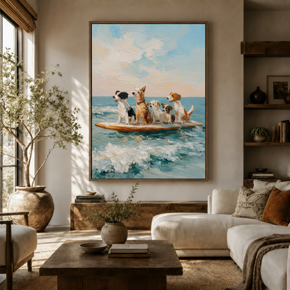 Surfing dogs oil painting canvas displayed in a warm neutral living room above a wood console