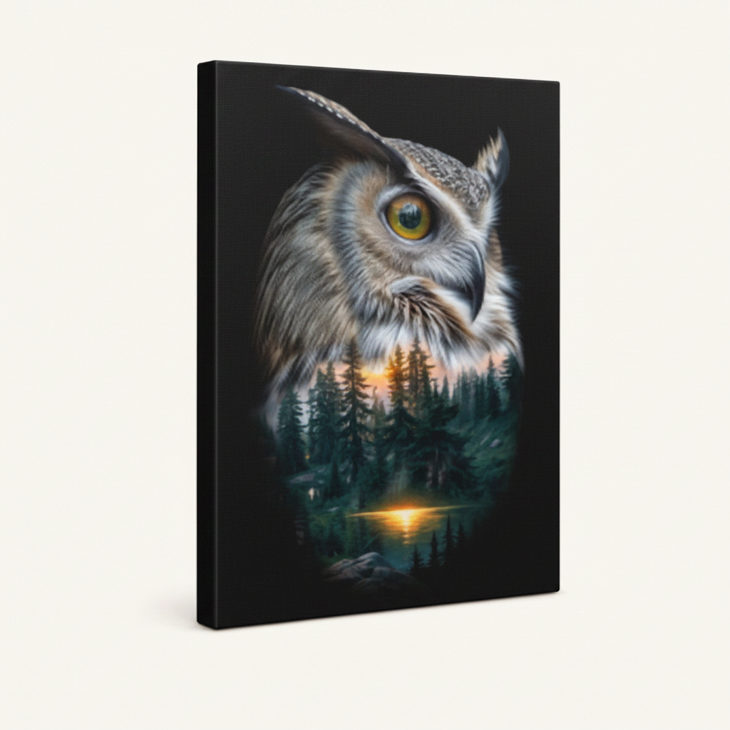 Surreal owl double exposure stretched canvas print – dark forest wildlife art with amber dusk light, unframed by Aurewall