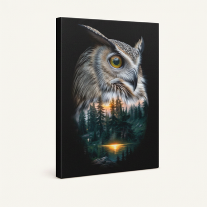 Surreal owl double exposure stretched canvas print – dark forest wildlife art with amber dusk light, unframed by Aurewall
