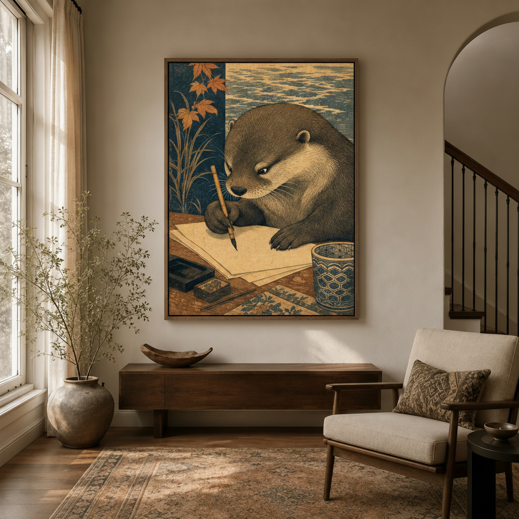 Japanese ukiyo-e otter calligraphy canvas print displayed in a warm neutral entryway above a walnut console