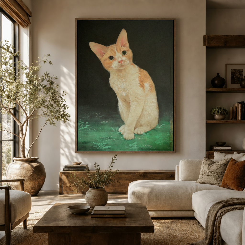 Realistic orange tabby kitten oil painting canvas displayed in warm neutral living room above wooden sideboard