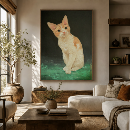 Realistic orange tabby kitten oil painting canvas displayed in warm neutral living room above wooden sideboard
