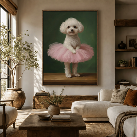 Ballerina Bichon Frise dog canvas wall art displayed in a warm neutral living room