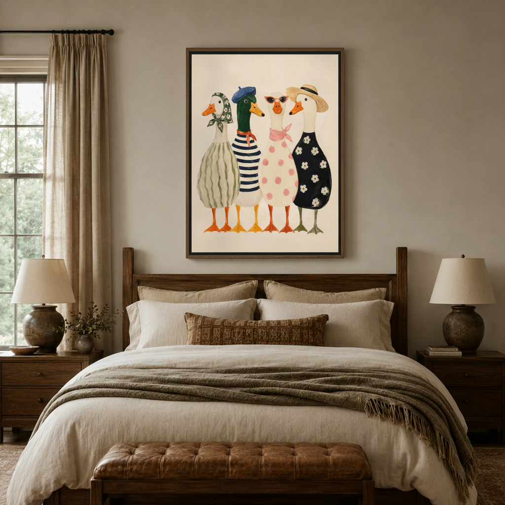 Whimsical duck fashion canvas print displayed in cozy bedroom above dark walnut wood headboard
