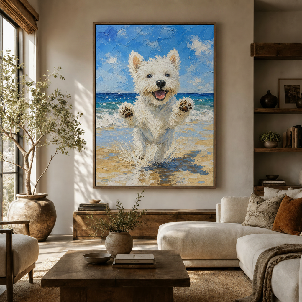 Happy Westie dog beach impasto oil painting displayed in a warm neutral living room with olive tree