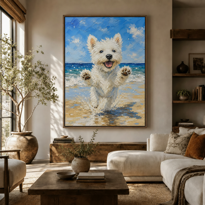 Happy Westie dog beach impasto oil painting displayed in a warm neutral living room with olive tree