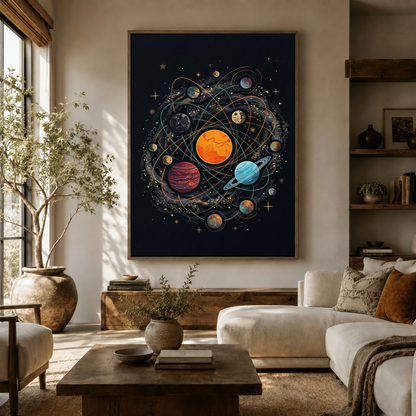 Vintage solar system canvas wall art in dark walnut float frame above sideboard in warm living room