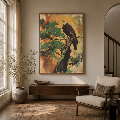 Bald eagle perched on pine tree branch – vintage autumn oil painting canvas wall art by Aurewall
