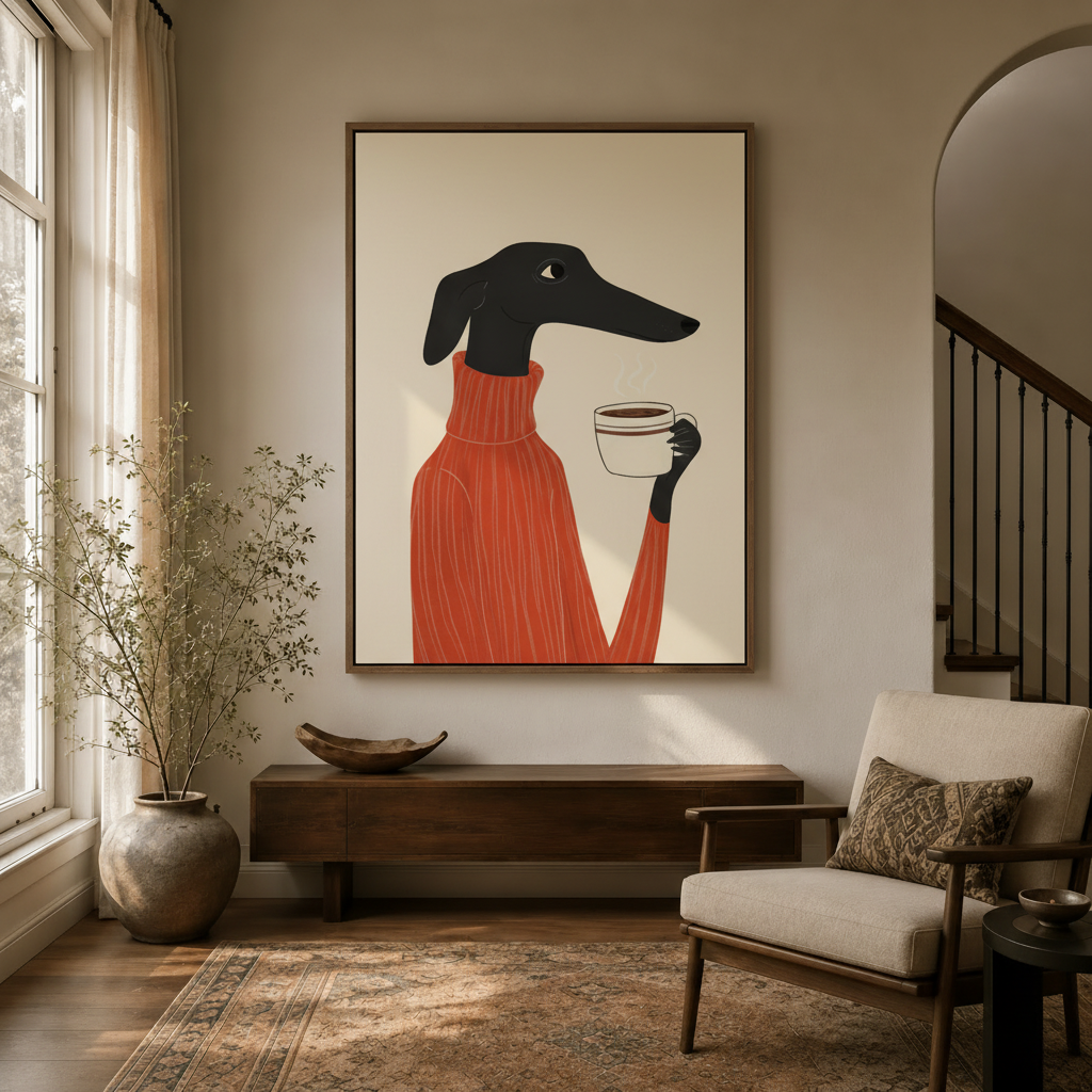 Greyhound in red sweater canvas print hung above a walnut console in a warm transitional entryway with staircase