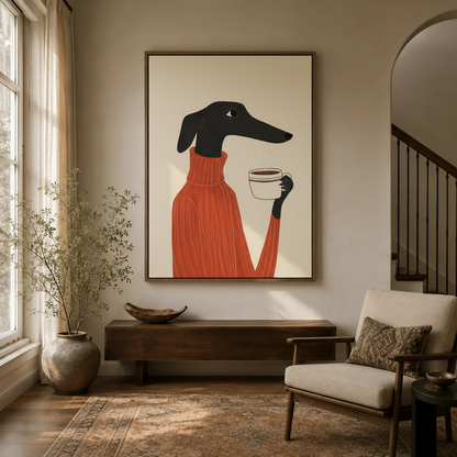 Greyhound in red sweater canvas print hung above a walnut console in a warm transitional entryway with staircase
