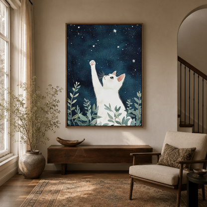 Dreamy white cat starry sky botanical canvas wall art in reading nook – Japanese illustration with white cat among plants reaching for stars as tender uplifting wall accent by Aurewall