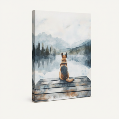 Gallery wrap canvas of German Shepherd sitting on dock, misty mountain lake watercolor, 3/4 angle view