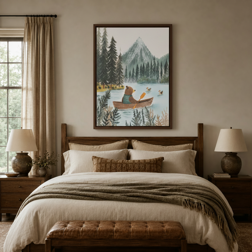 Bear rowing boat mountain lake canvas print displayed above wooden bed headboard in cozy bedroom