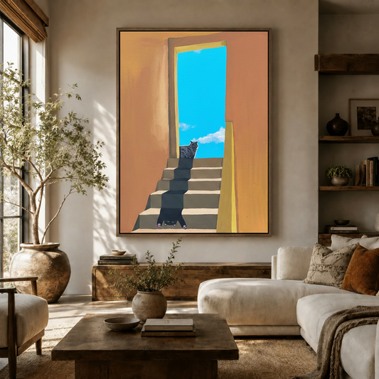 Two cats on stairs surrealist canvas wall art displayed above a wooden sideboard in a warm living room