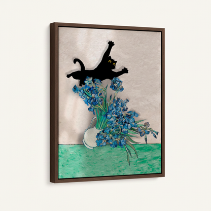 Black cat floral framed canvas wall art – modern minimalist illustration of black cat leaping into teal blue flower field by Aurewall