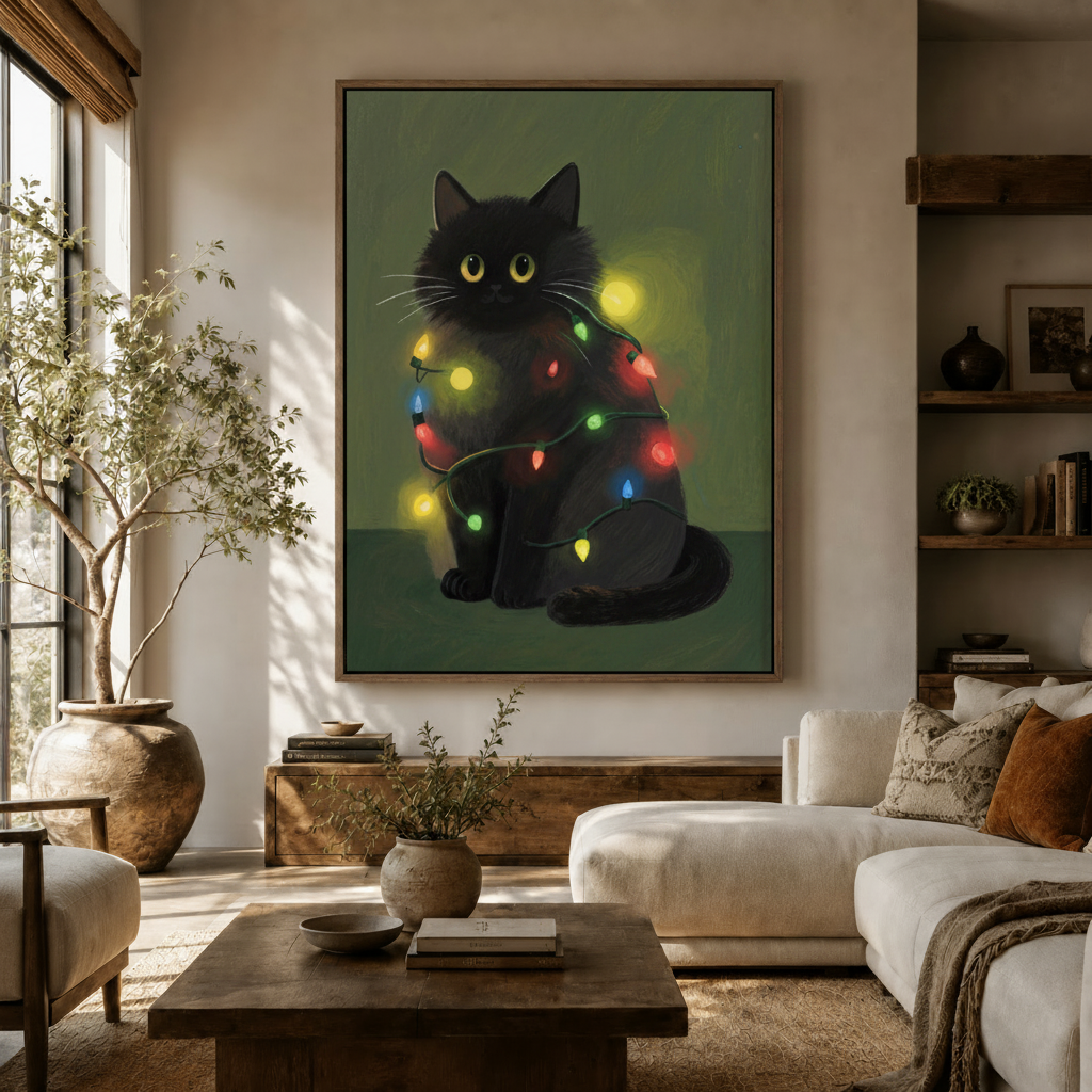 Whimsical black cat string lights canvas wall art displayed above a white sofa in a warm neutral living room