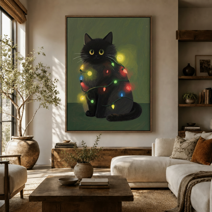 Whimsical black cat string lights canvas wall art displayed above a white sofa in a warm neutral living room