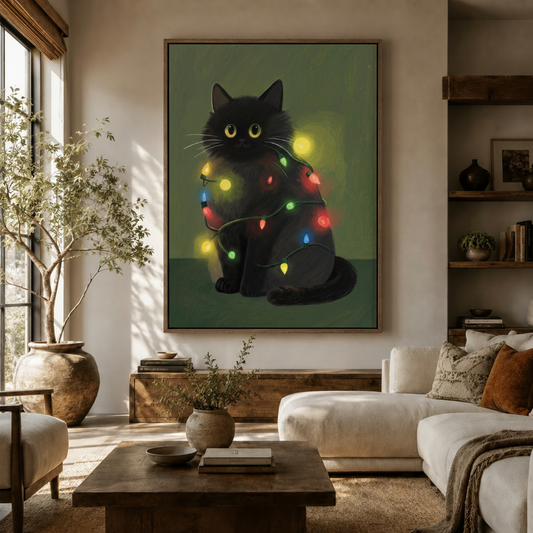 Whimsical black cat string lights canvas wall art displayed above a white sofa in a warm neutral living room