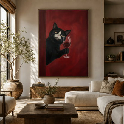 Moody black cat red wine canvas wall art displayed in a warm boho living room