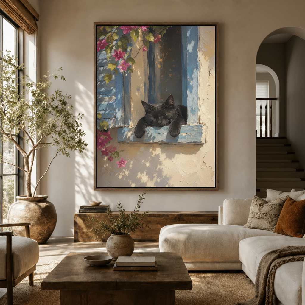  Black cat impressionist canvas wall art displayed in a warm neutral living room above a walnut sideboard