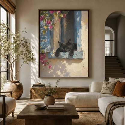  Black cat impressionist canvas wall art displayed in a warm neutral living room above a walnut sideboard