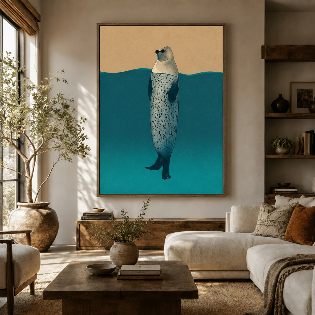Minimalist seal with sunglasses canvas print displayed large above credenza in warm neutral living room