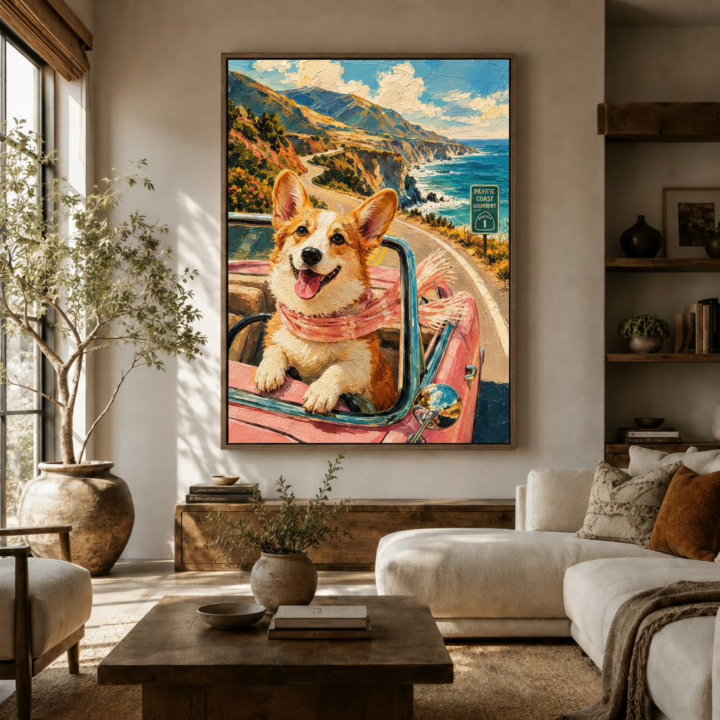 Corgi road trip oil painting canvas displayed in a warm neutral living room above a wood console