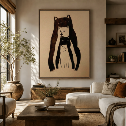 Whimsical cat totem ink illustration canvas in walnut frame, displayed in a warm neutral living room with white sofa