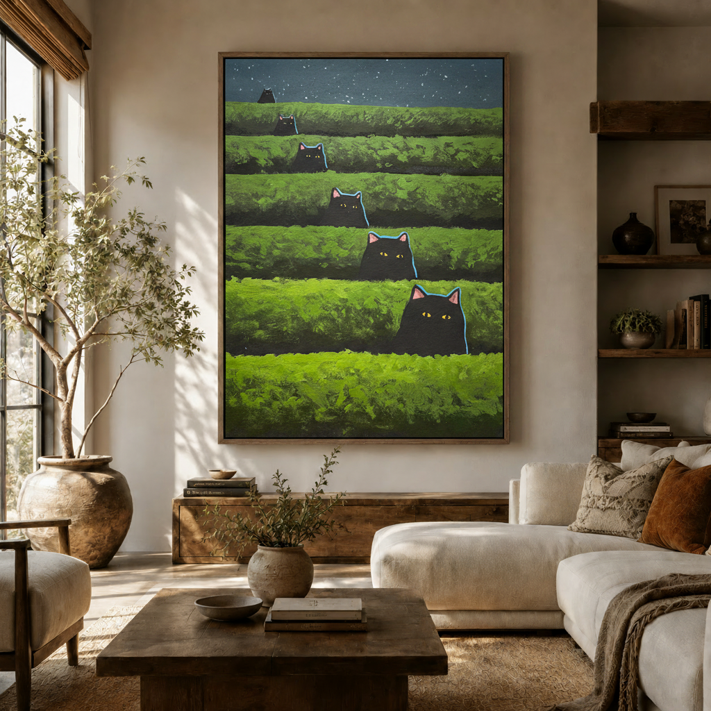 Whimsical black cat canvas wall art displayed in a bright living room above white sofa