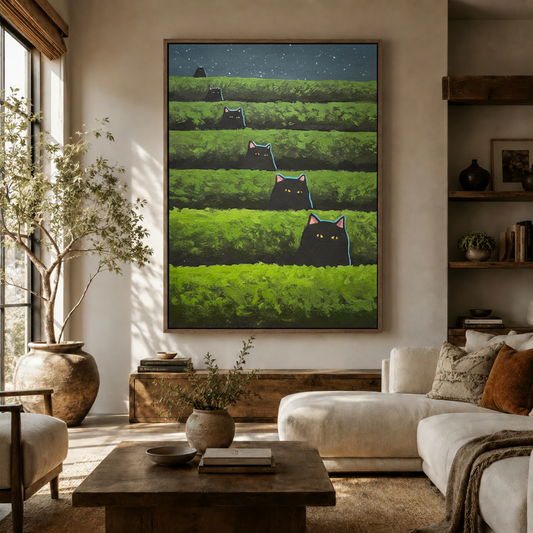 Whimsical black cat canvas wall art displayed in a bright living room above white sofa
