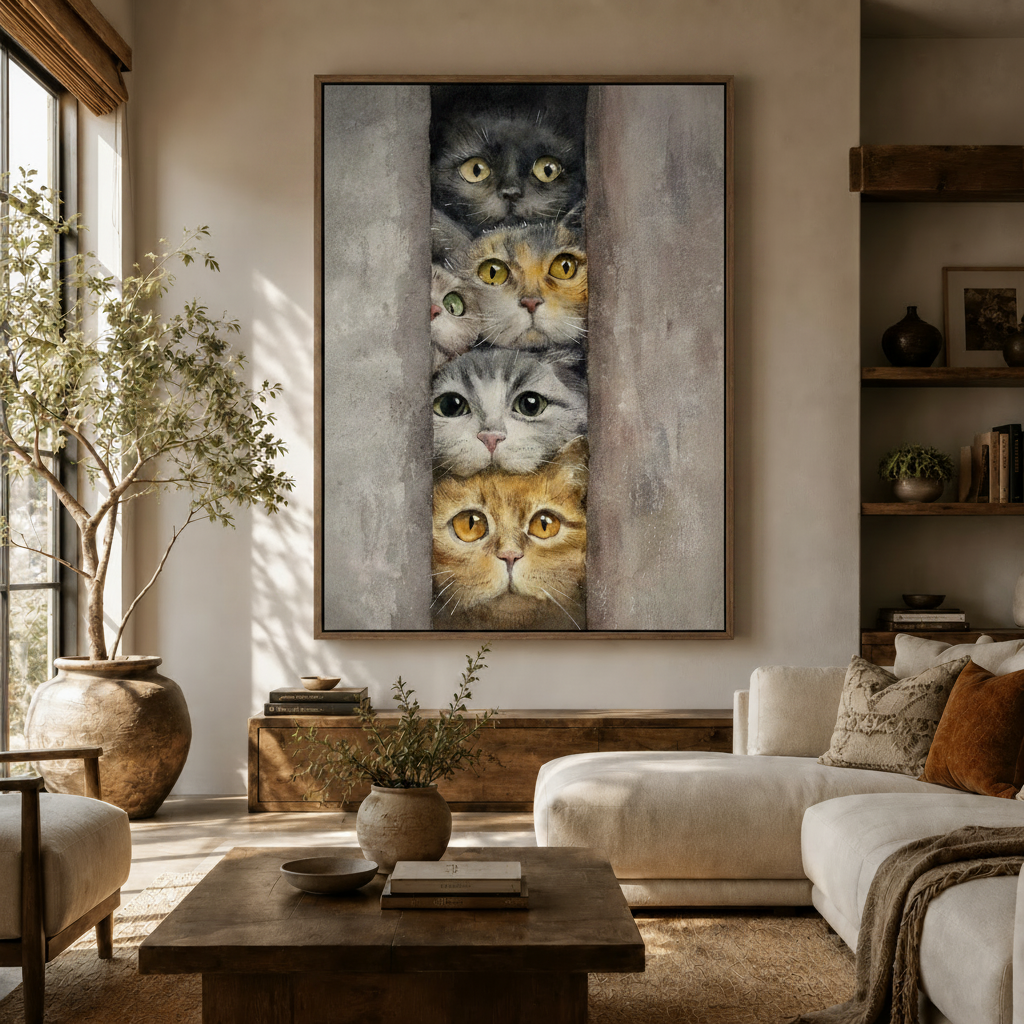  Watercolor cat wall art with four stacked cat faces hanging in a warm neutral living room