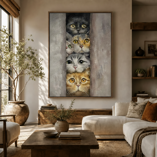  Watercolor cat wall art with four stacked cat faces hanging in a warm neutral living room