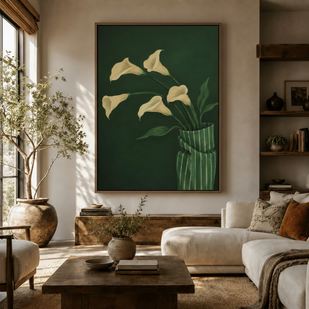 Calla lily botanical canvas wall art in living room, cream flowers in green vase, float frame