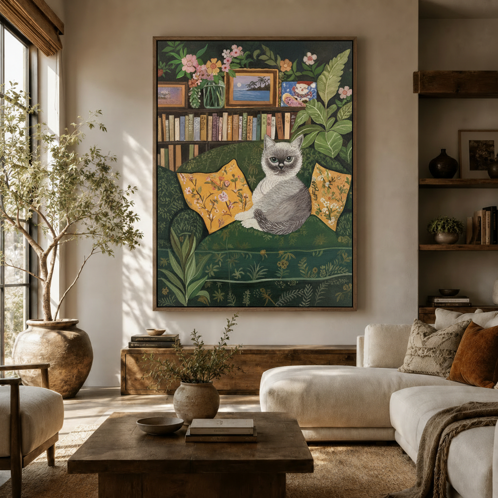 Folk art cat canvas print displayed in a warm modern living room above a wooden sideboard