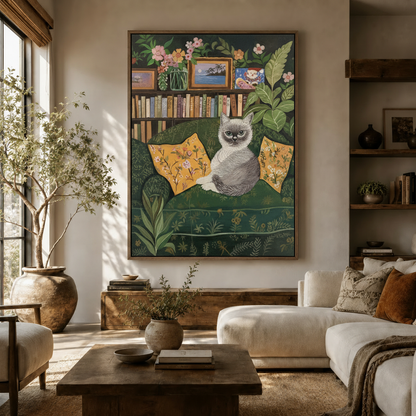 Folk art cat canvas print displayed in a warm modern living room above a wooden sideboard
