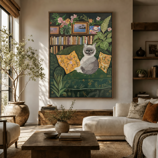 Folk art cat canvas print displayed in a warm modern living room above a wooden sideboard