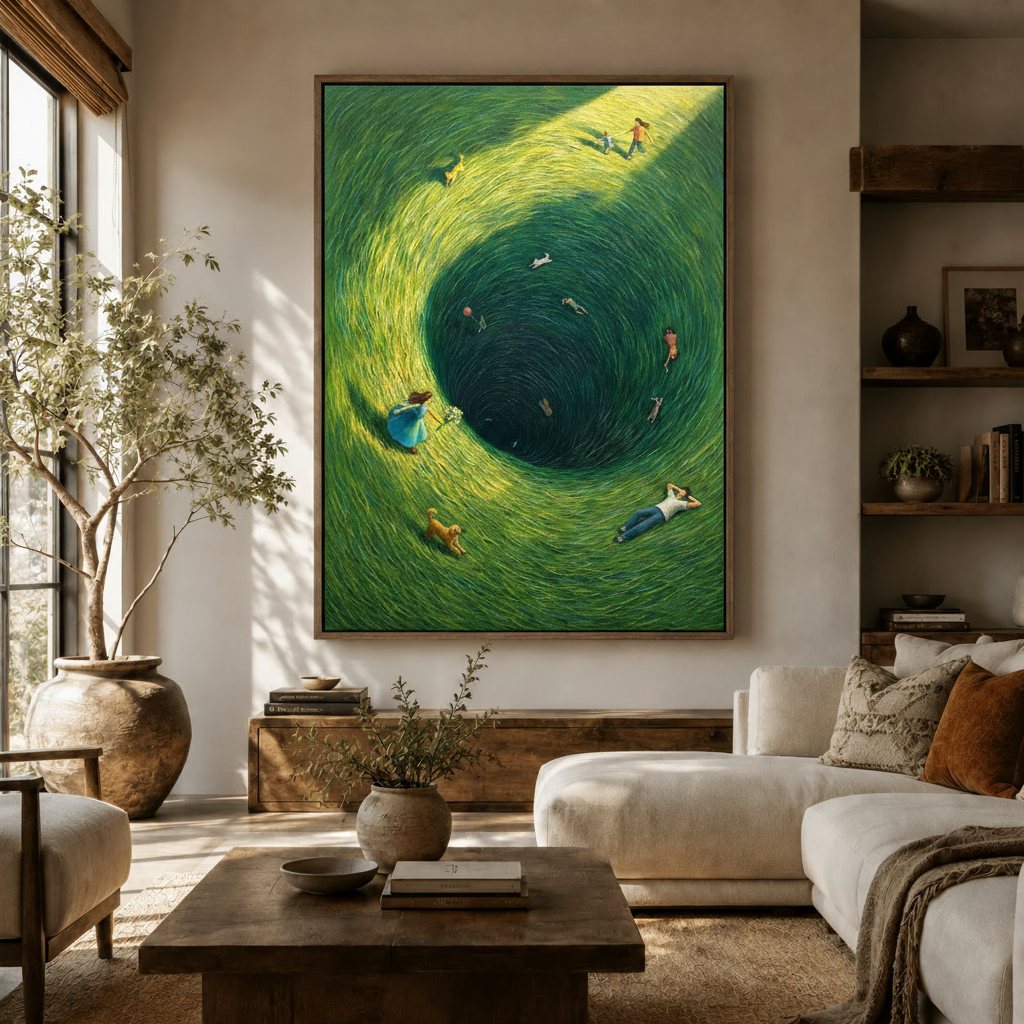  Surrealist green vortex canvas wall art hanging in a warm neutral living room above a wooden sideboard