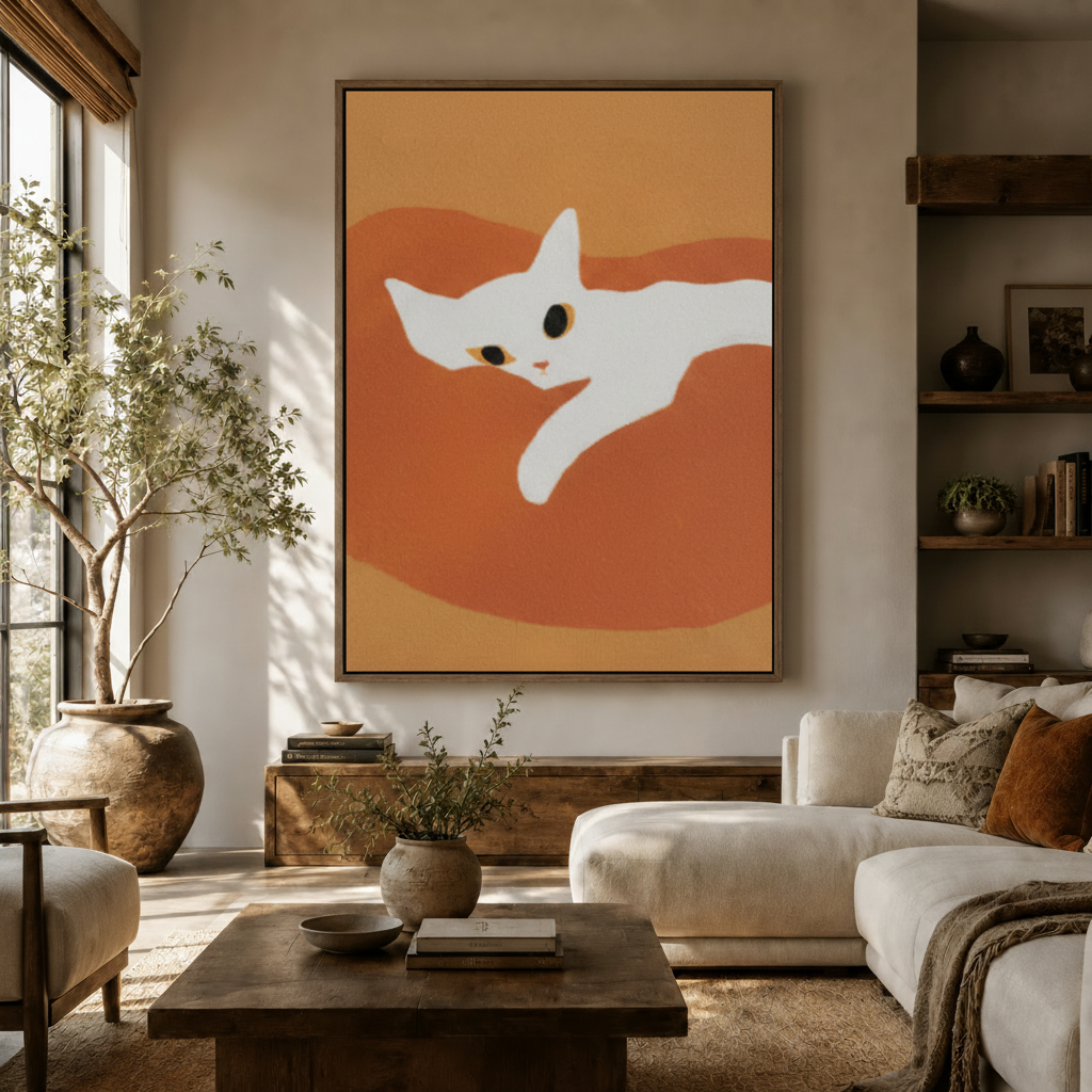 Minimalist white cat canvas wall art on burnt orange background displayed above sofa in warm living room
