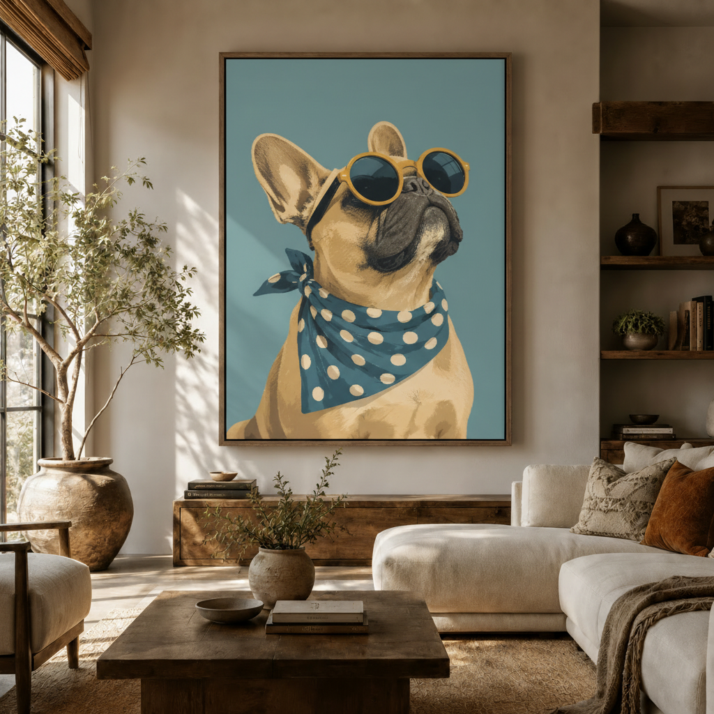 French Bulldog sunglasses retro pop art canvas displayed in warm neutral living room above wooden sideboard