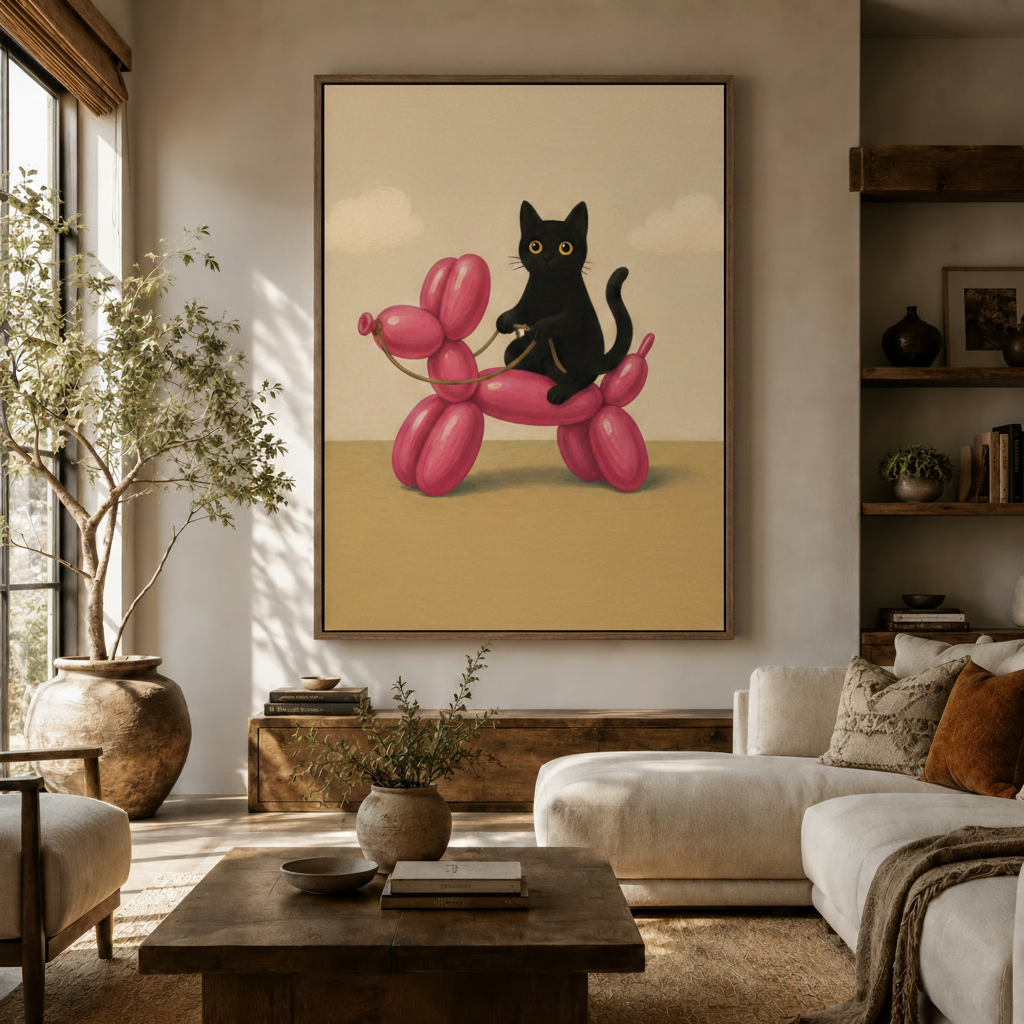 Whimsical black cat riding pink balloon dog canvas art displayed in a warm living room above a wooden sideboard