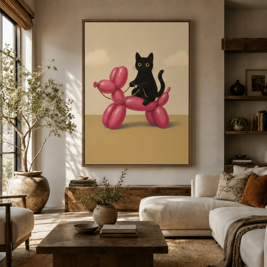Whimsical black cat riding pink balloon dog canvas art displayed in a warm living room above a wooden sideboard
