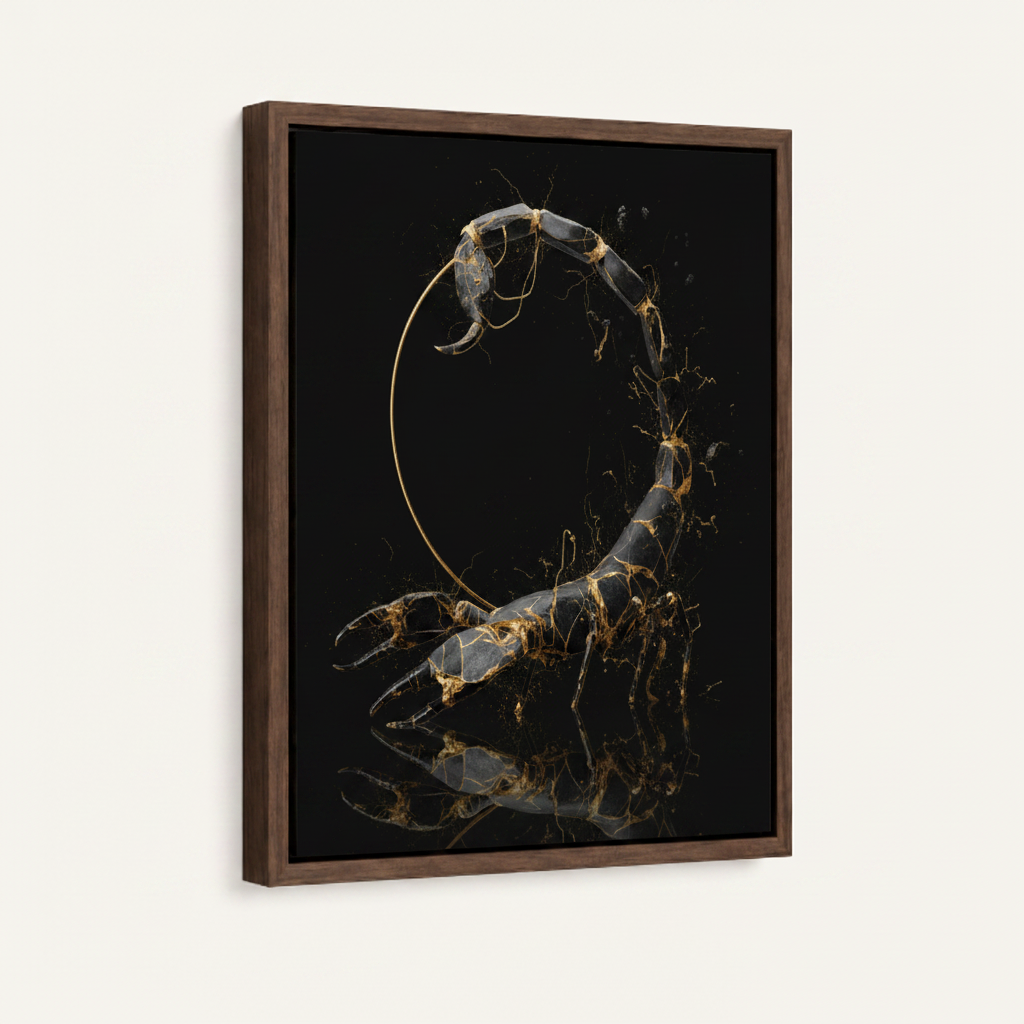 Scorpio zodiac framed canvas wall art – dark minimalist 3D illustration with metallic scorpion in circular composition on black background by Aurewall