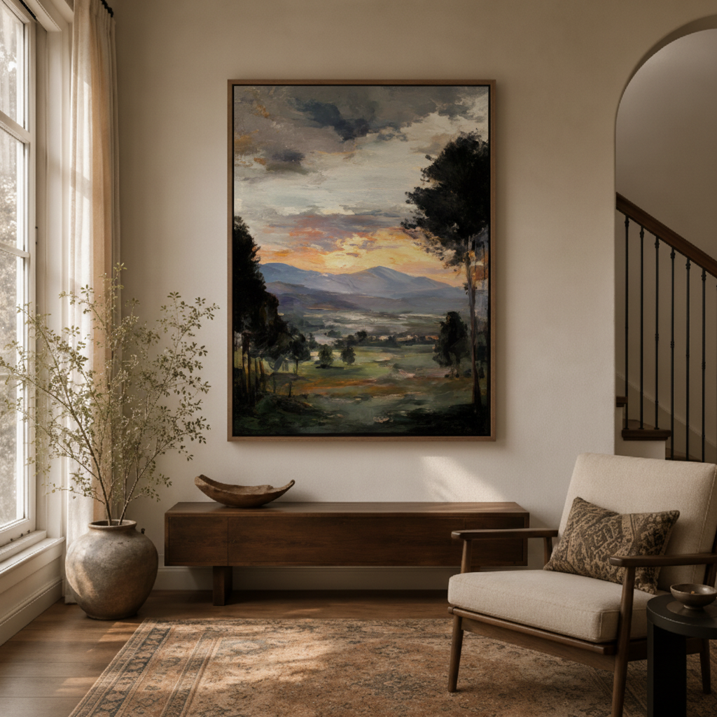 Pastoral sunset countryside canvas wall art in study – vintage landscape oil painting as warm farmhouse statement piece by Aurewall