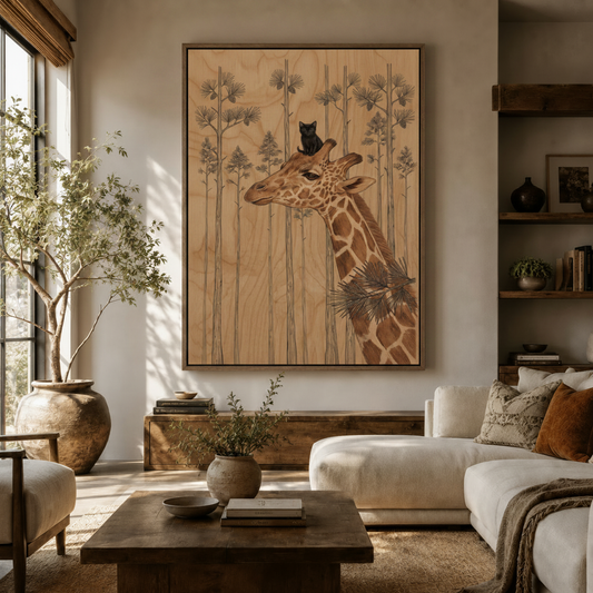 Giraffe and black cat wood engraving canvas print displayed above sofa in warm living room