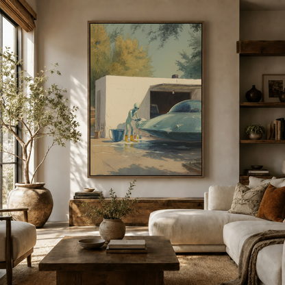 Alien washing UFO vintage watercolor canvas print displayed in warm neutral living room setting