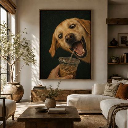 Hyperrealistic Labrador iced coffee canvas wall art displayed above sofa in a warm neutral living room